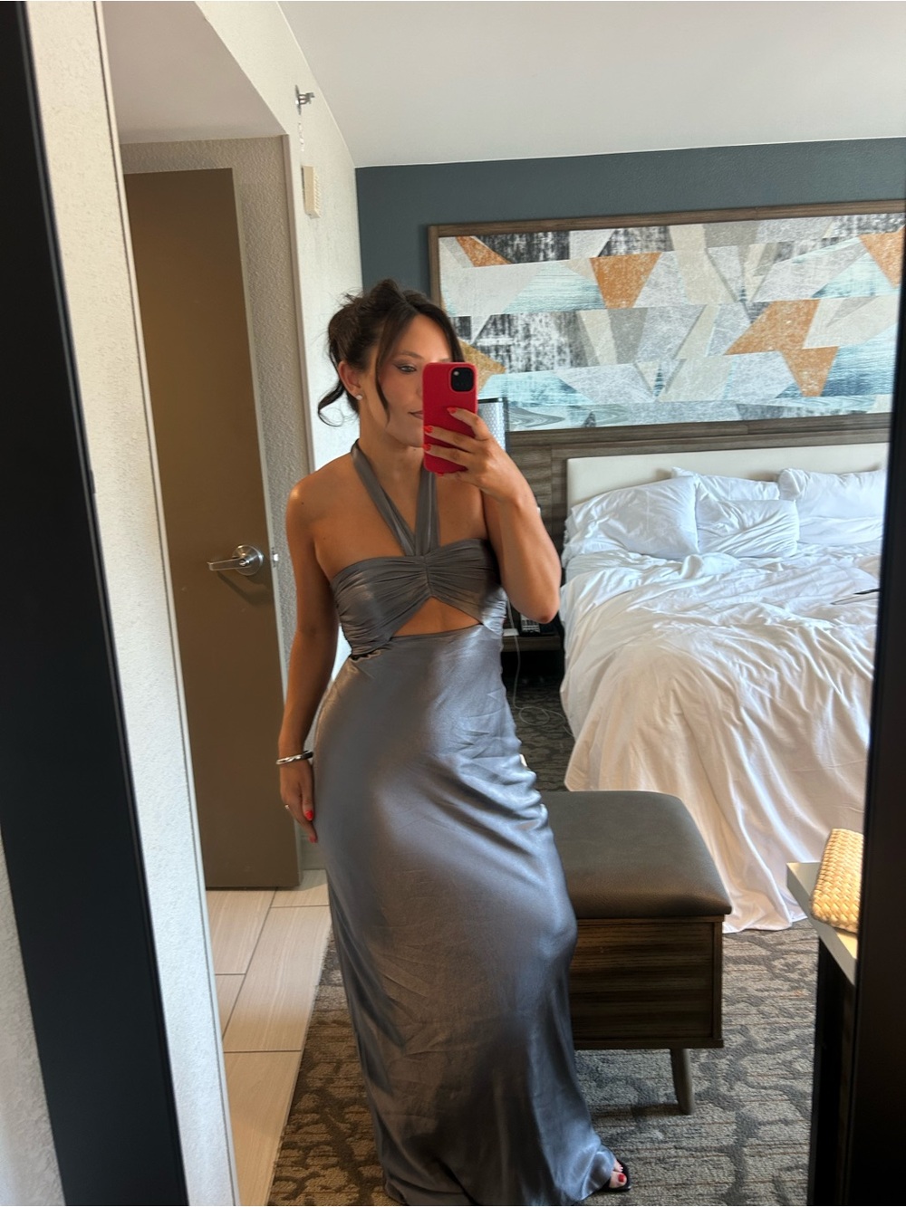 Shona Joy Silver One-Shoulder Halter Cutout Maxi Dress